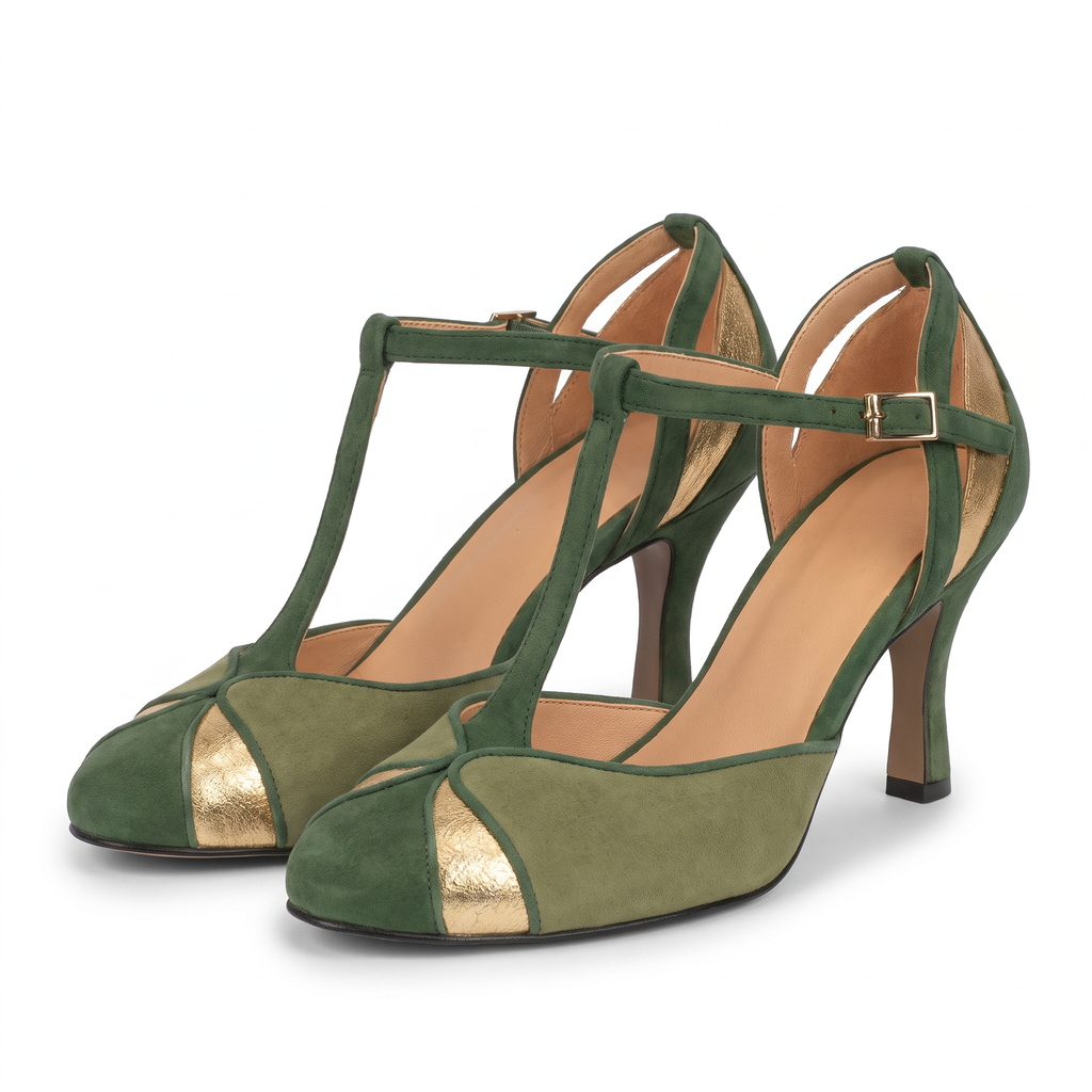 Juliet Womens Green T Strap Heels Closed Toe
