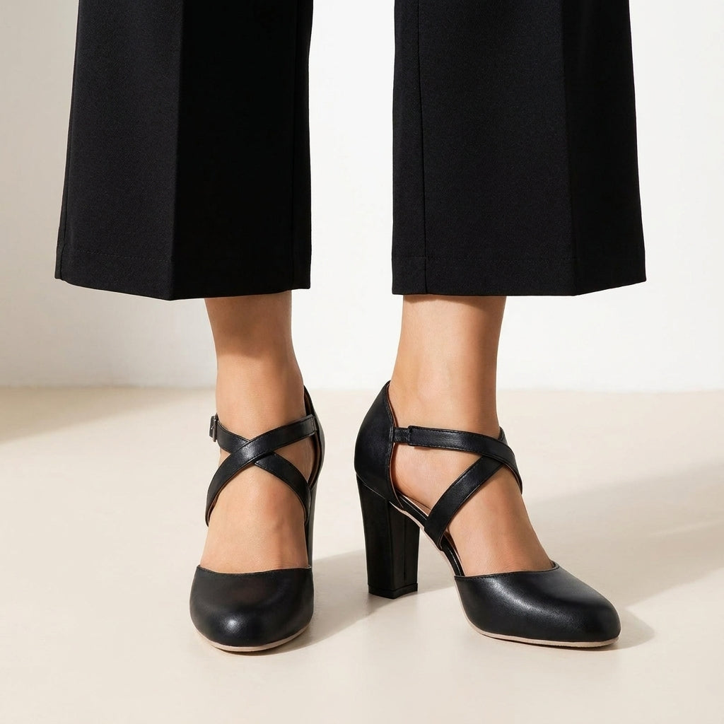 Leah Womens Cross Strap Block Heel Pumps Heels