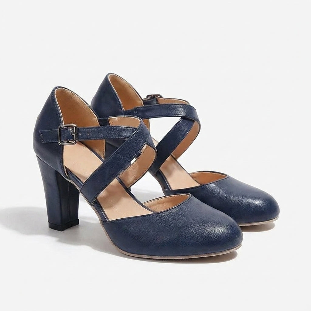 Leah Womens Cross Strap Block Heel Pumps Heels