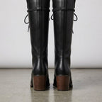 Grace Womens Tall Lace Up Boots Square Heel Faux Leather Black