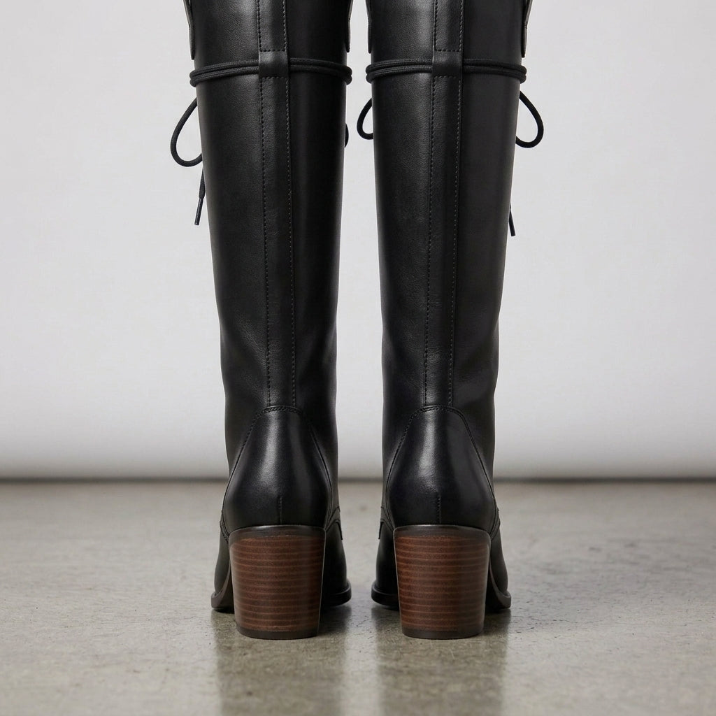Grace Womens Tall Lace Up Boots Square Heel Faux Leather Black