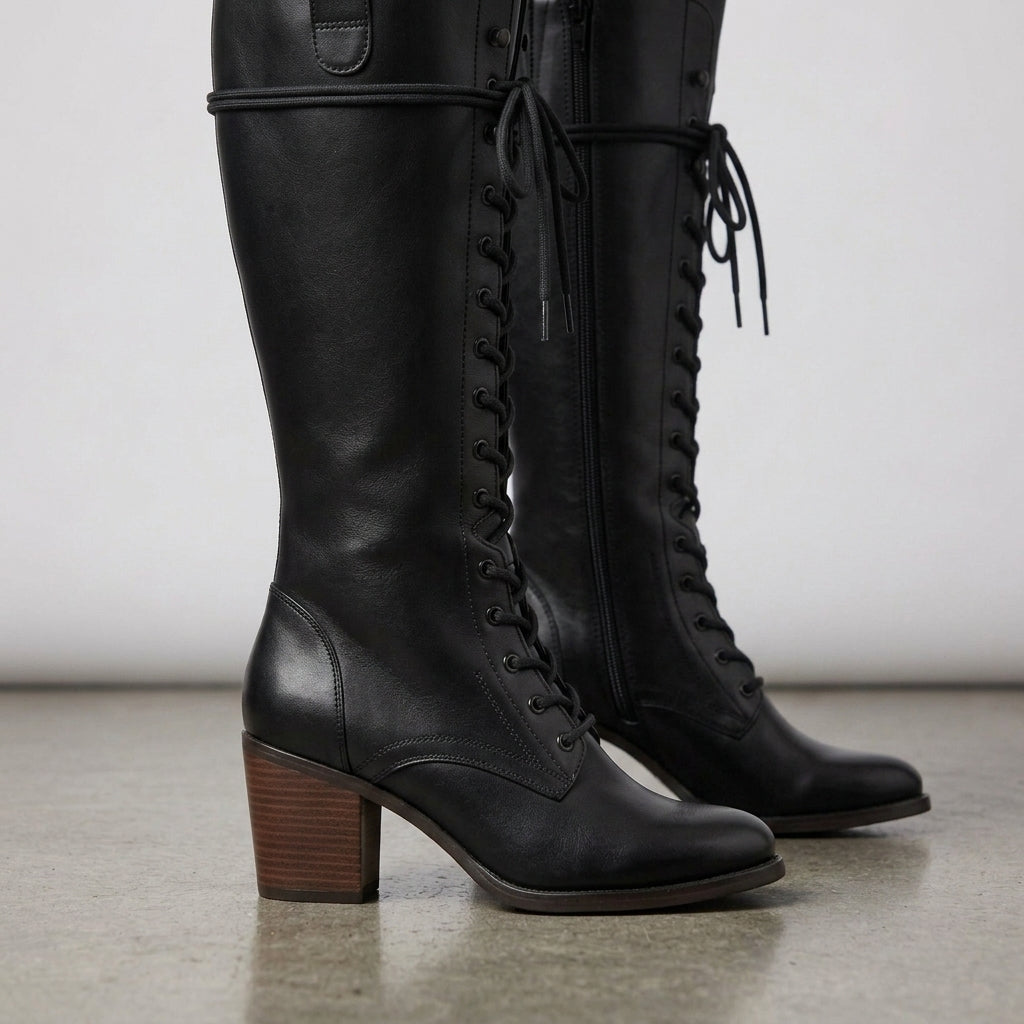 Grace Womens Tall Lace Up Boots Square Heel Faux Leather Black