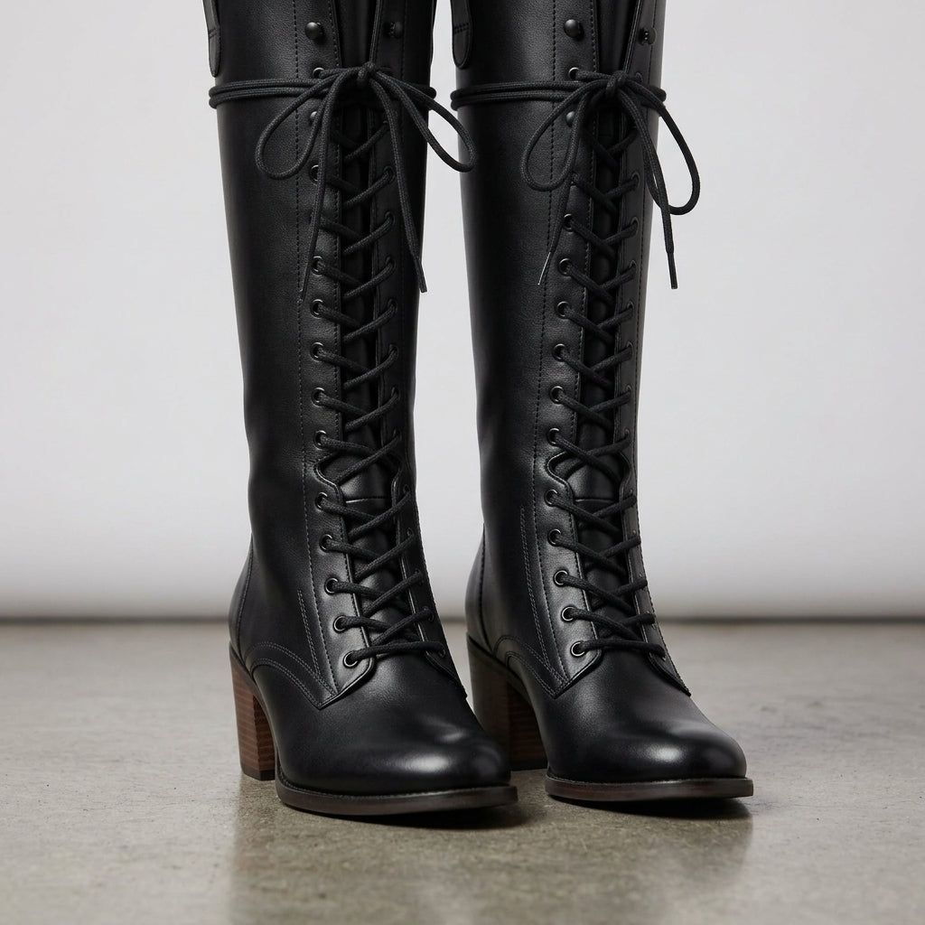 Grace Womens Tall Lace Up Boots Square Heel Faux Leather Black