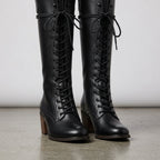 Grace Womens Tall Lace Up Boots Square Heel Faux Leather Black