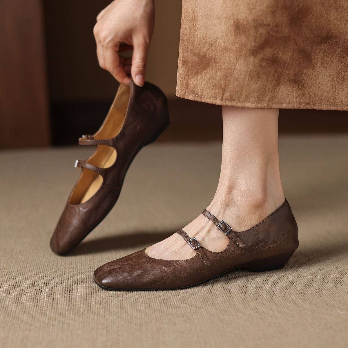 Aurelle Dual Strap Leather Mary-Janes