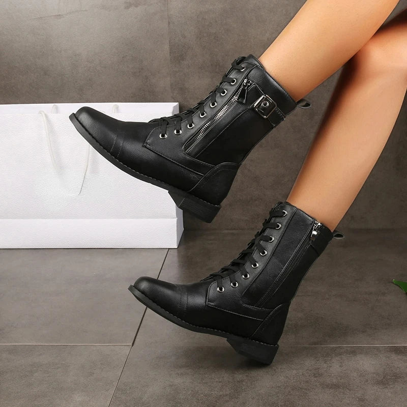 Michelle Womens Lace-Up Zipper Leather Boots