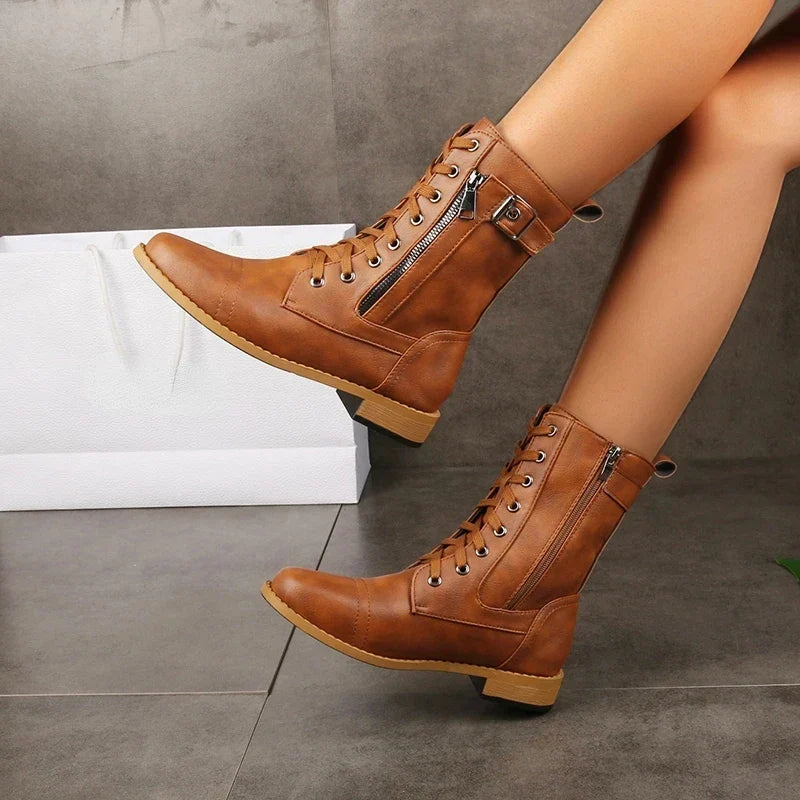 Michelle Womens Lace-Up Zipper Leather Boots
