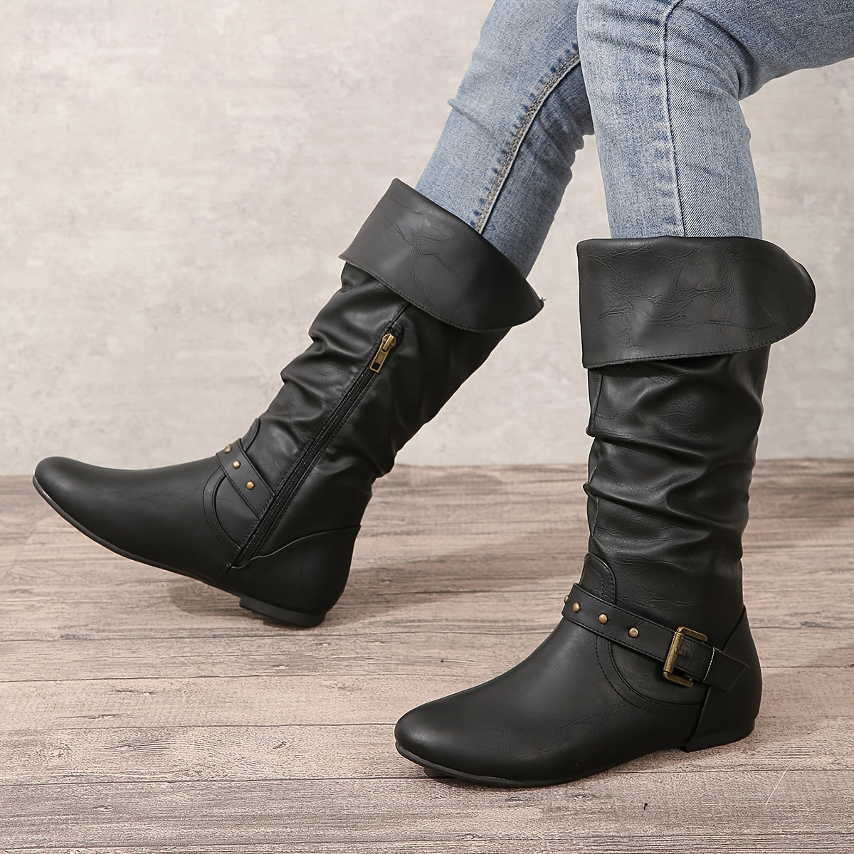 Eileen Womens Slouchy Buckle Riding Boots