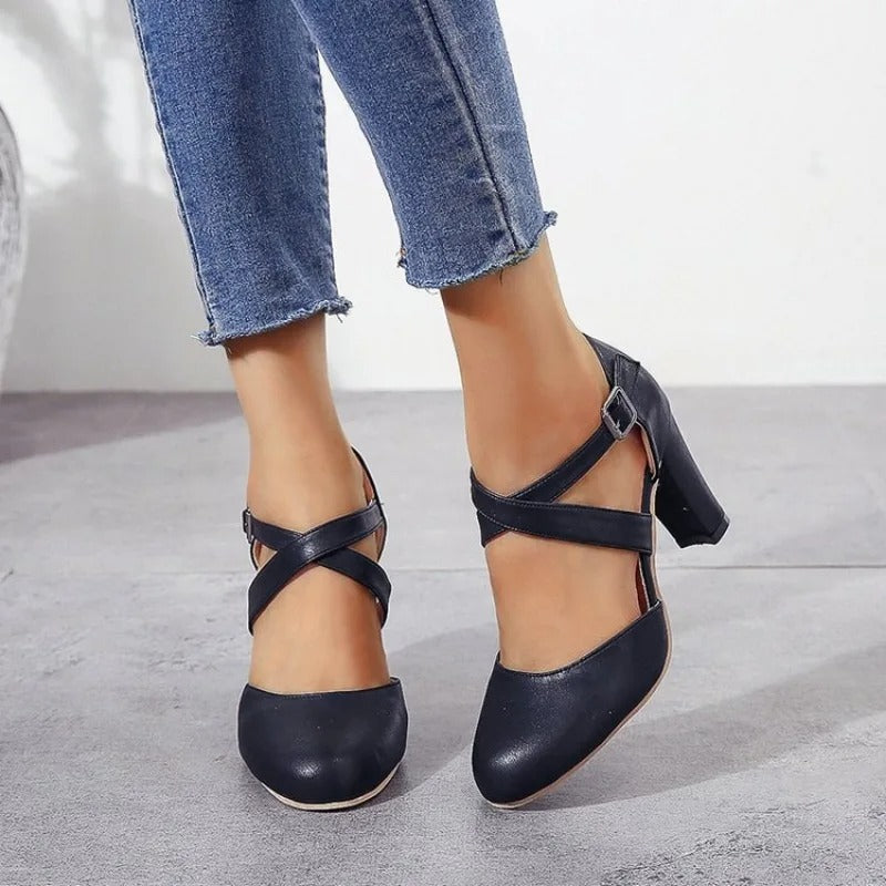 Leah Womens Cross Strap Block Heel Pumps Heels