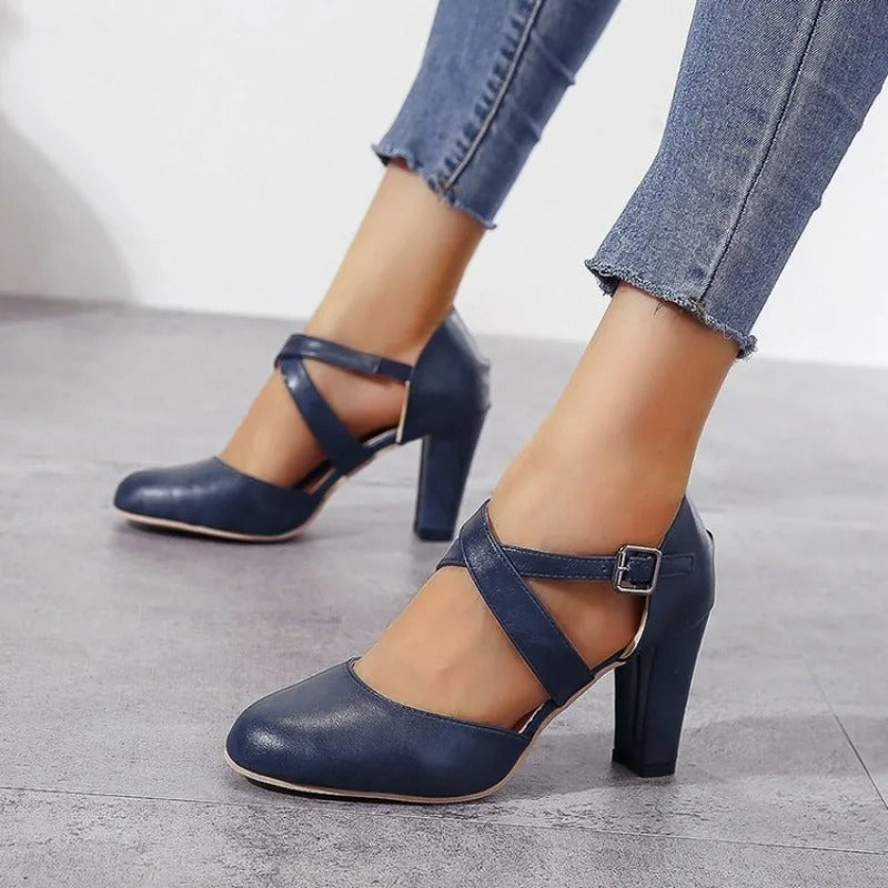 Leah Womens Cross Strap Block Heel Pumps Heels