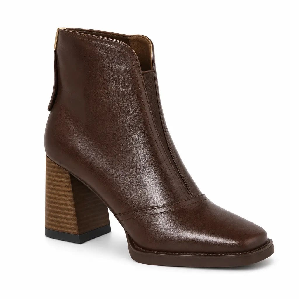 Women's Leather Block Heel Ankle Boots in Espresso