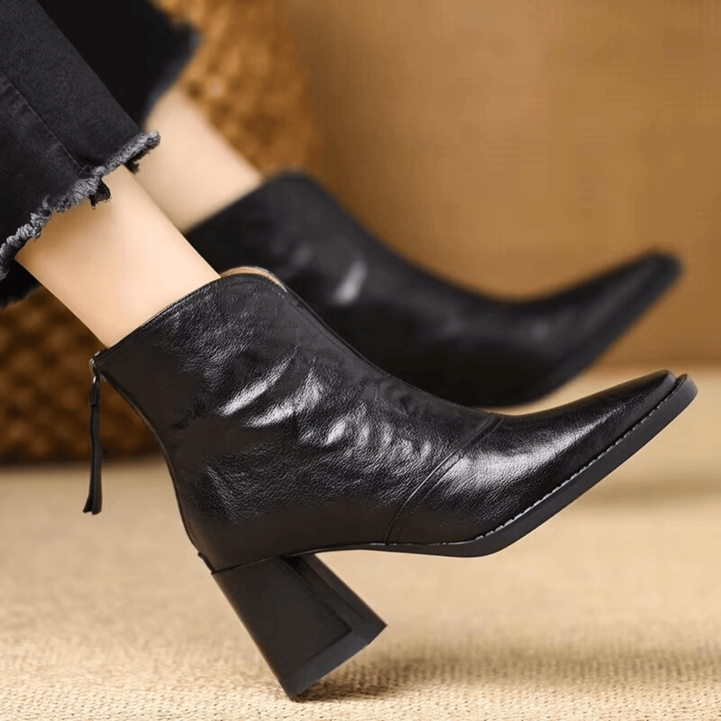 Ovelle Women Leather Block Heel Ankle Boots With Back Zip