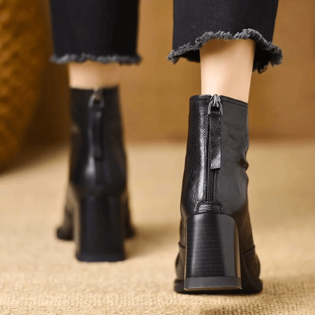 Ovelle Women Leather Block Heel Ankle Boots With Back Zip