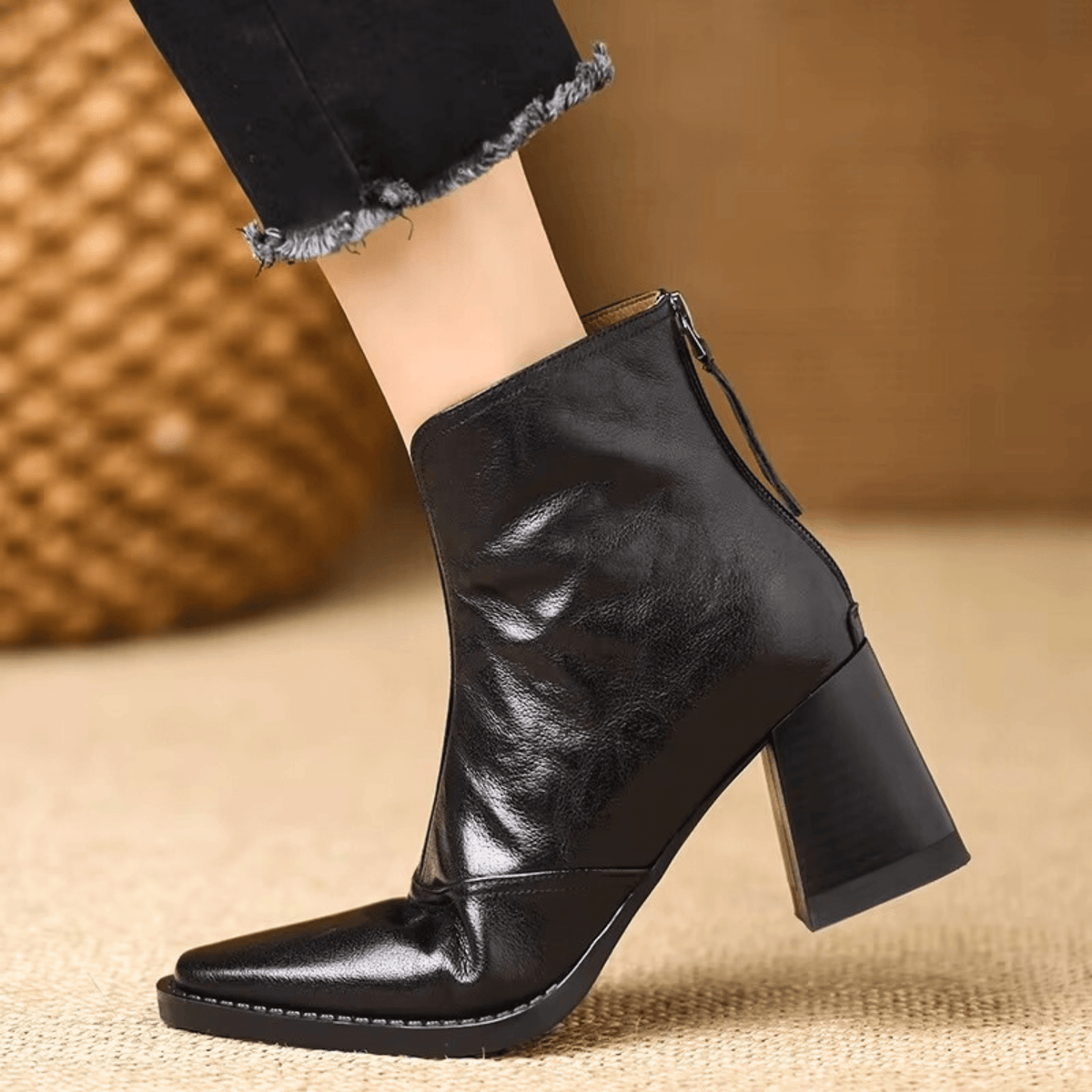 Ovelle Women Leather Block Heel Ankle Boots With Back Zip