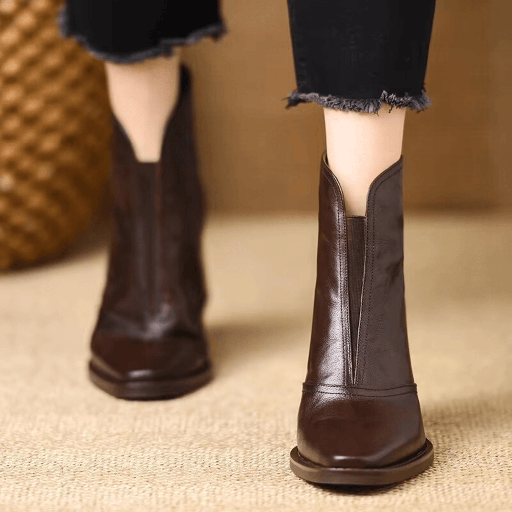 Ovelle Women Leather Block Heel Ankle Boots With Back Zip