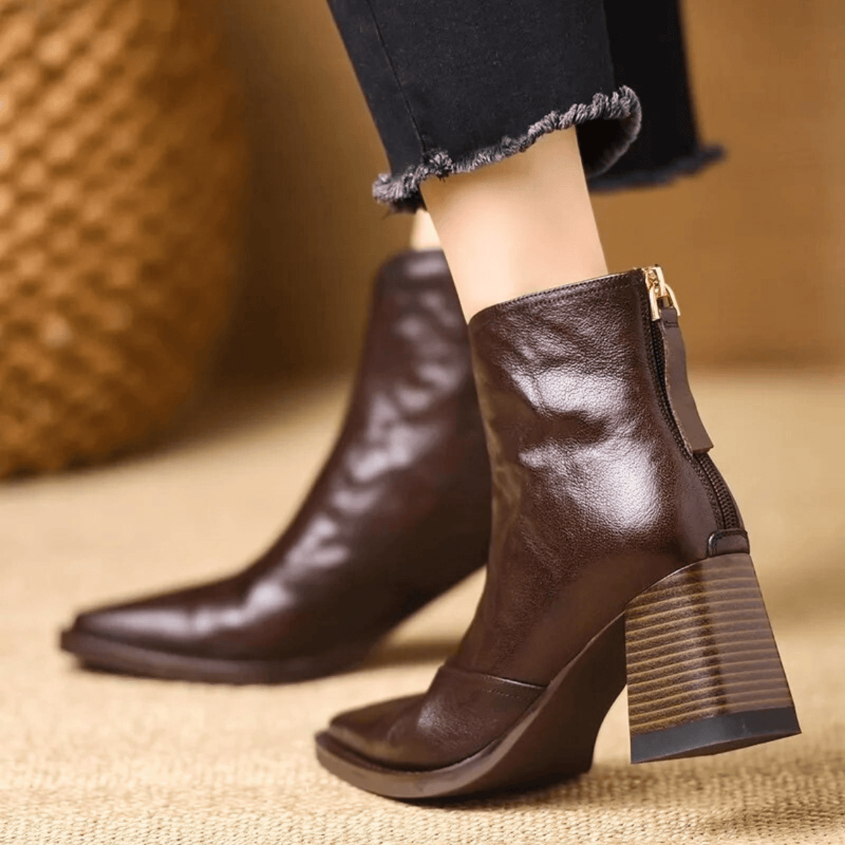 Ovelle Women Leather Block Heel Ankle Boots With Back Zip