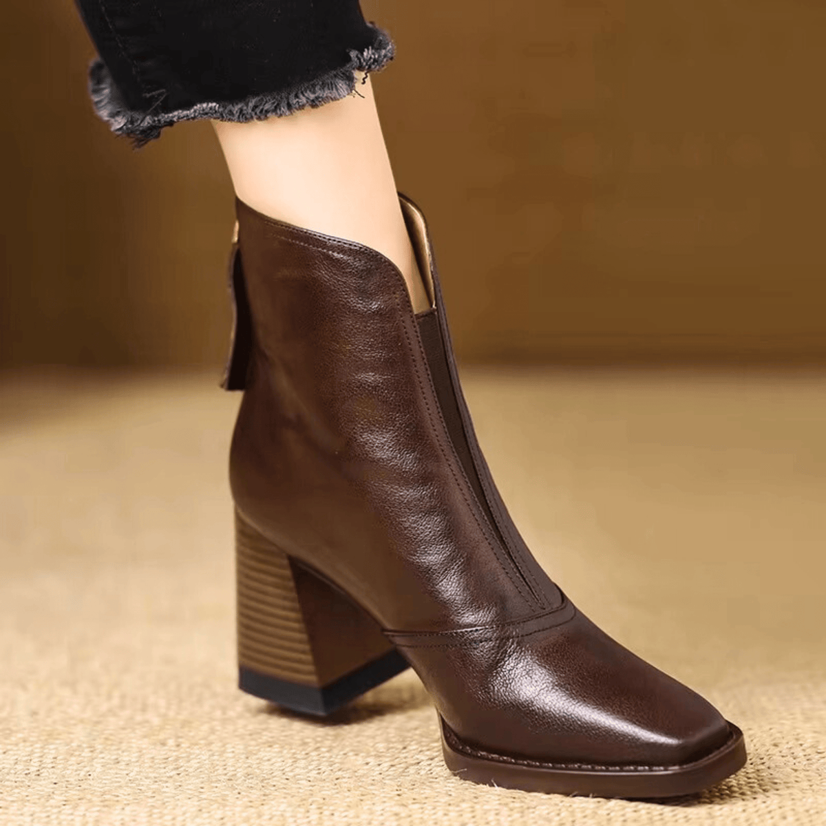Ovelle Women Leather Block Heel Ankle Boots With Back Zip