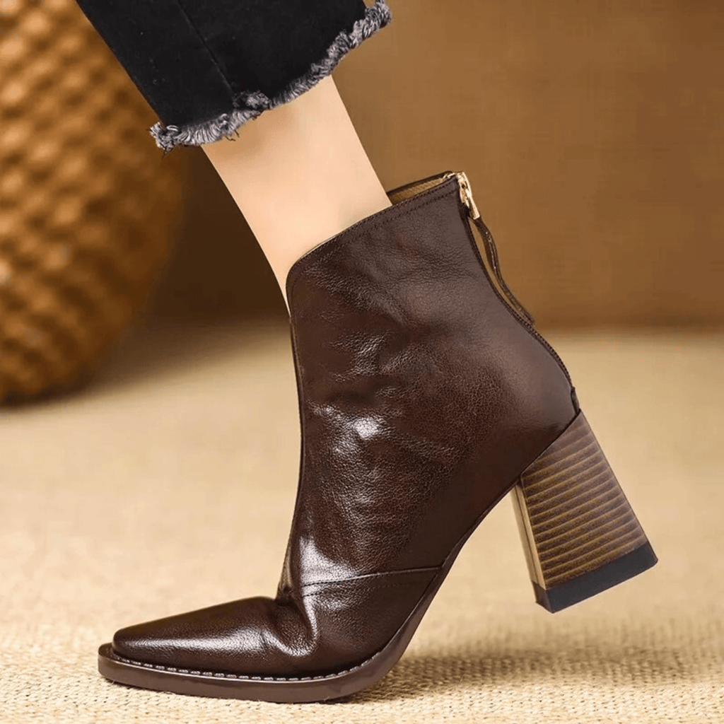 Ovelle Women Leather Block Heel Ankle Boots With Back Zip