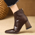 Ovelle Women Leather Block Heel Ankle Boots With Back Zip
